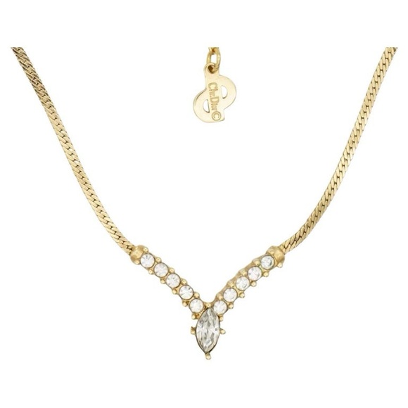Christian Dior Vintage 1980 Sparkling Crystals Oval Triangle V Pendant Necklace - Picture 1 of 9